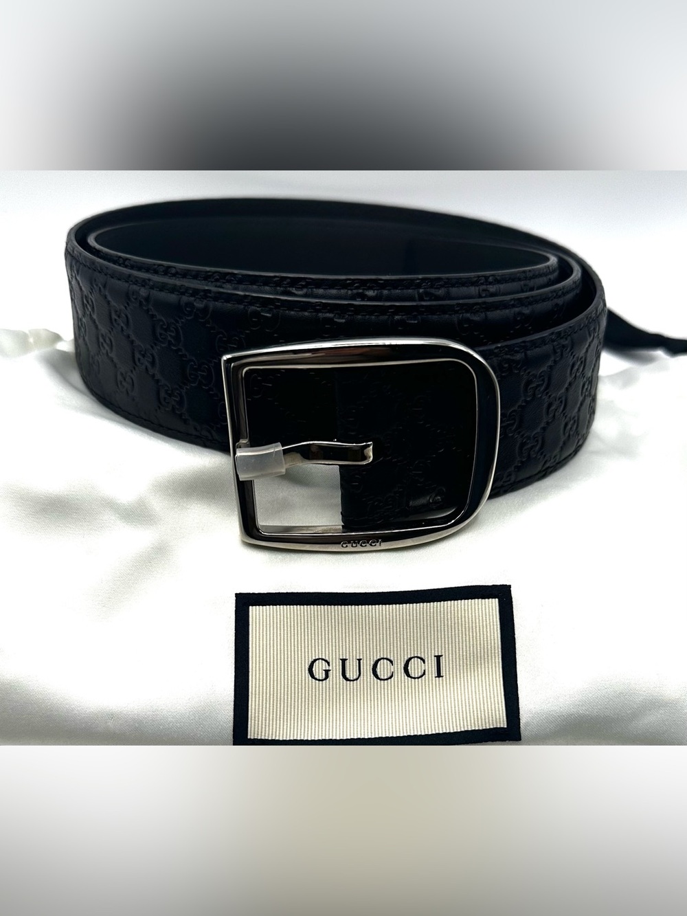Gucci Black Embossed Leather Belt with Polished Silver Buckle